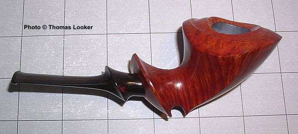 Freehand Dublin with large elliptical ferrule, 2004.  A complex form with dramatic curves and many asymmetries.  (For a simpler version, see SPC 196.)