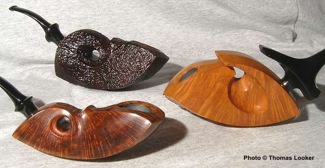 Lower Left: "Squash horn," SPC 385, 2005 -Top Left: Sandblast horn, 1 snail (2005) - Right: Giant Horn, Hiro, SPC 485 (2006)